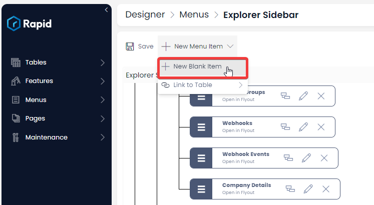 Create new blank menu item